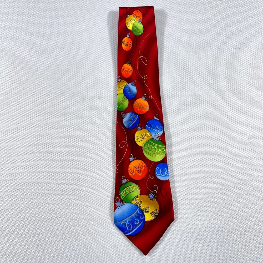 J. Garcia Mens Red Christmas Ornament Silk Tie Creme de menthe Hangover XL